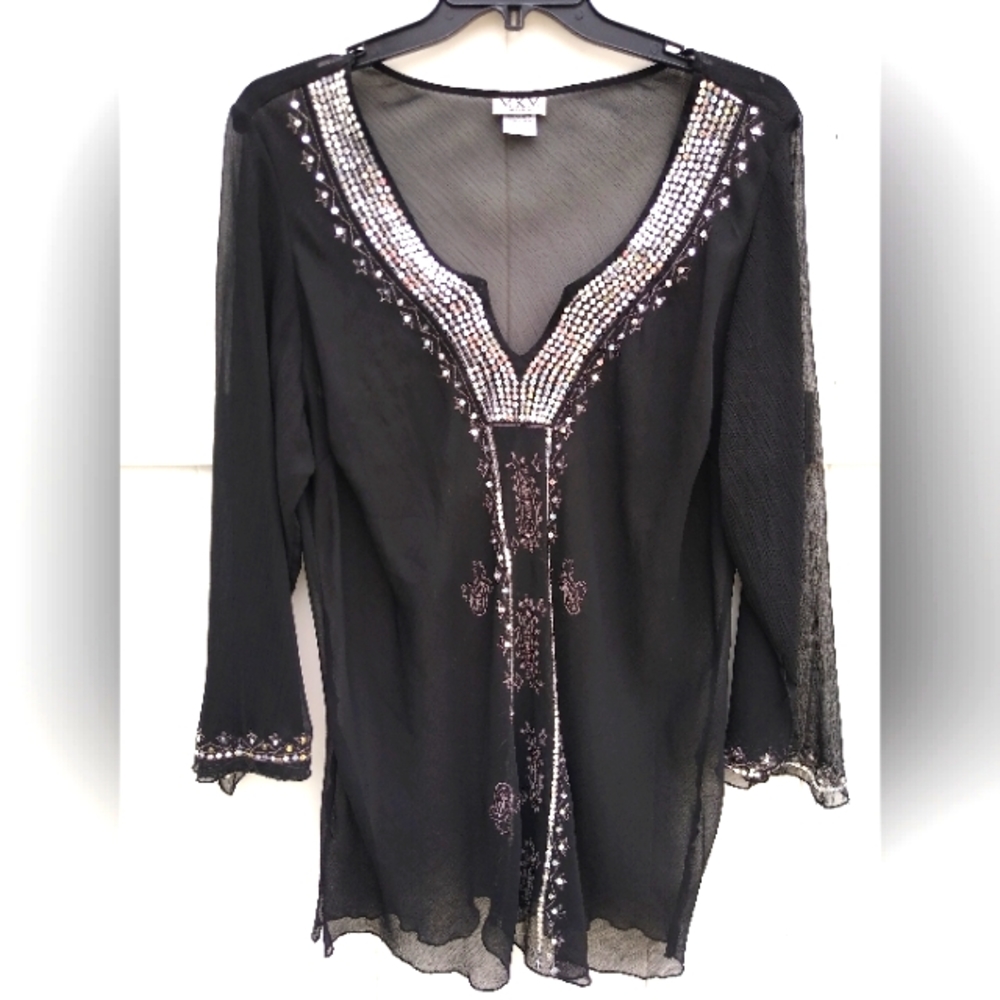 M-K-M Black Sequin Sheer Tunic Top Size 3X